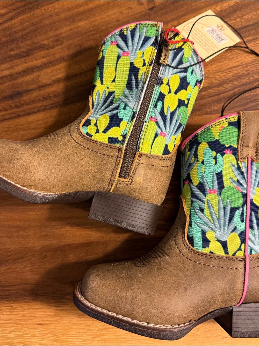 Ariat Kids Brown Boots with Green Cactus Print